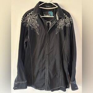 Roar Signature Men's Button Up Classic Shirt Black/White Tribal Embroidered XL